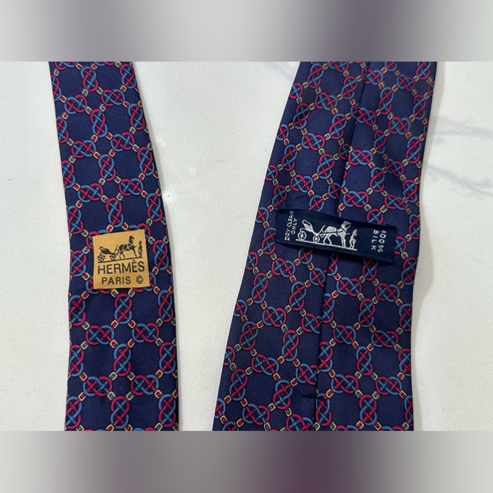 Hermes Tie Silk Chain Link Pattern Geometric Print - Picture 8 of 8